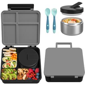 Bento Lunch Box with 8oz Soup Thermo, Kids Leakproof Lunch Food Containers with 4 Compartment, Kids Thermo Insulated Hot Food Jar for School, Travel (Grey)