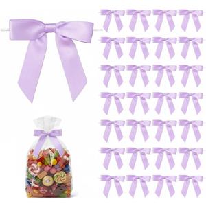 50 Pack Satin Twist Tie Bows for Gift Bags & Party Favors, 2.5 Inch Pre-Tied Ribbon Bows for Gift Wrapping, Birthday & Wedding Event Decorations - Lilac