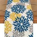 3 x Artoid Mode Blue Dahlia Floral Pinnata Summer Table Runner, Spring Kitchen Dining Table Decoration for Home Party Decor 13x90 Inch (Blue/Yellow/Grey)