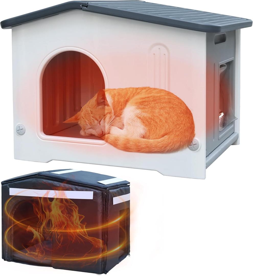 Rockever Plastic Outdoor Indoor Cat House with Insulated Liner, 100% Insulated Outdoor Cat Houses for Winter Feral Cats, Waterproof Escape Door Design, Assemble Easily-Grey