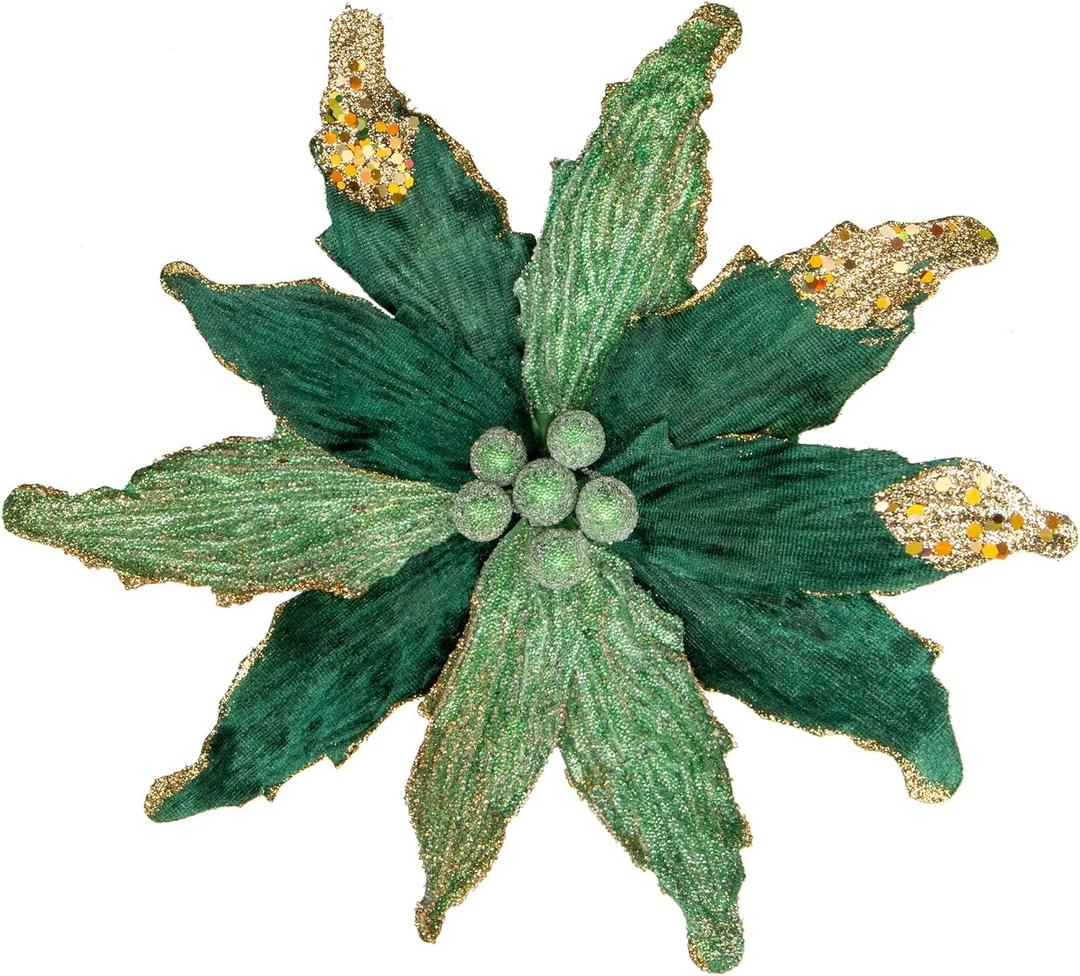 Briful 12'' Large Heads Christmas Glitter Poinsettia Flowers Christmas Tree Ornaments Set of 4 Artificial Flowers with Picks Stems for Xmas Tree Party DIY Holiday Decorations, Green and Glod