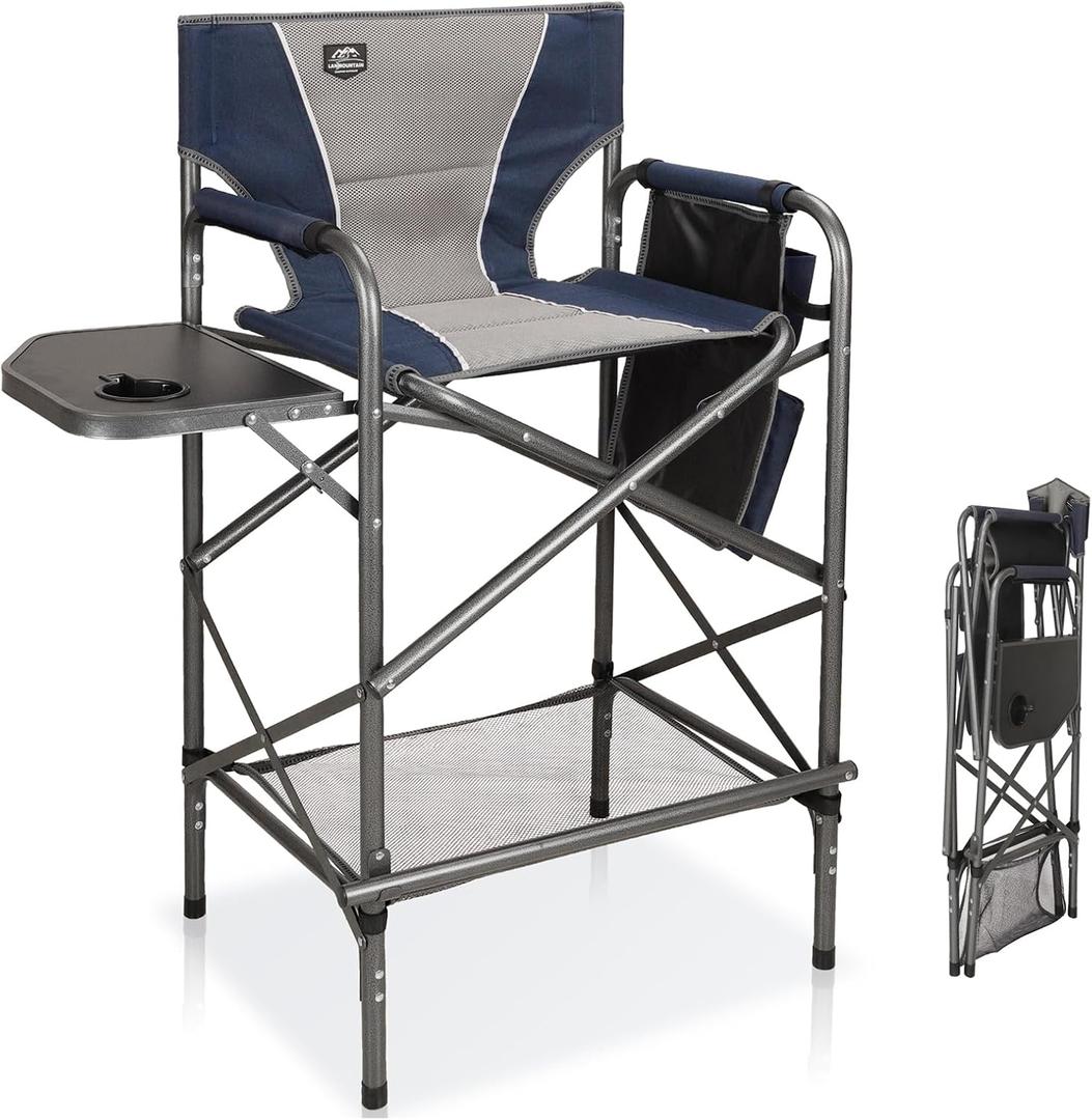 LANMONTAIN Folding Tall Director Chairs,30.7'' Seat High Makeup Solan Chairs,Portable Camping Chair w/Side Table Functional Pocket and Footrest,Comfy Bar Stool Heavy Duty Supports 350 Lbs,Blue