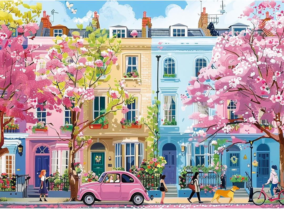 500 Pieces Jigsaw Puzzles for Adults,Beautiful Spring Puzzle for Teens Adults Elderly, Blooming Street City Puzzle 500 Pieces, Cute Puzzles with Letters on Back,Challenging Family Game Gifts,20.5x15in