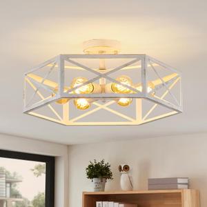19.68'' Semi Flush Mount Ceiling Light, Farmhouse 6-Light White Kitchen Lighting Fixtures Ceiling Mount, Modern Flush Mount Light Fixture, Metal Hexagon Cage Ceiling Lamp for Hallway
