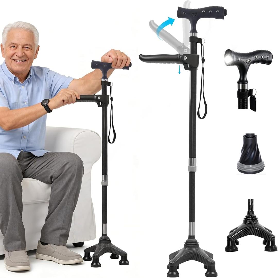 Stand Secure Cane - LED Light, Massage Grip, Stand Assist Aid & Quad Base