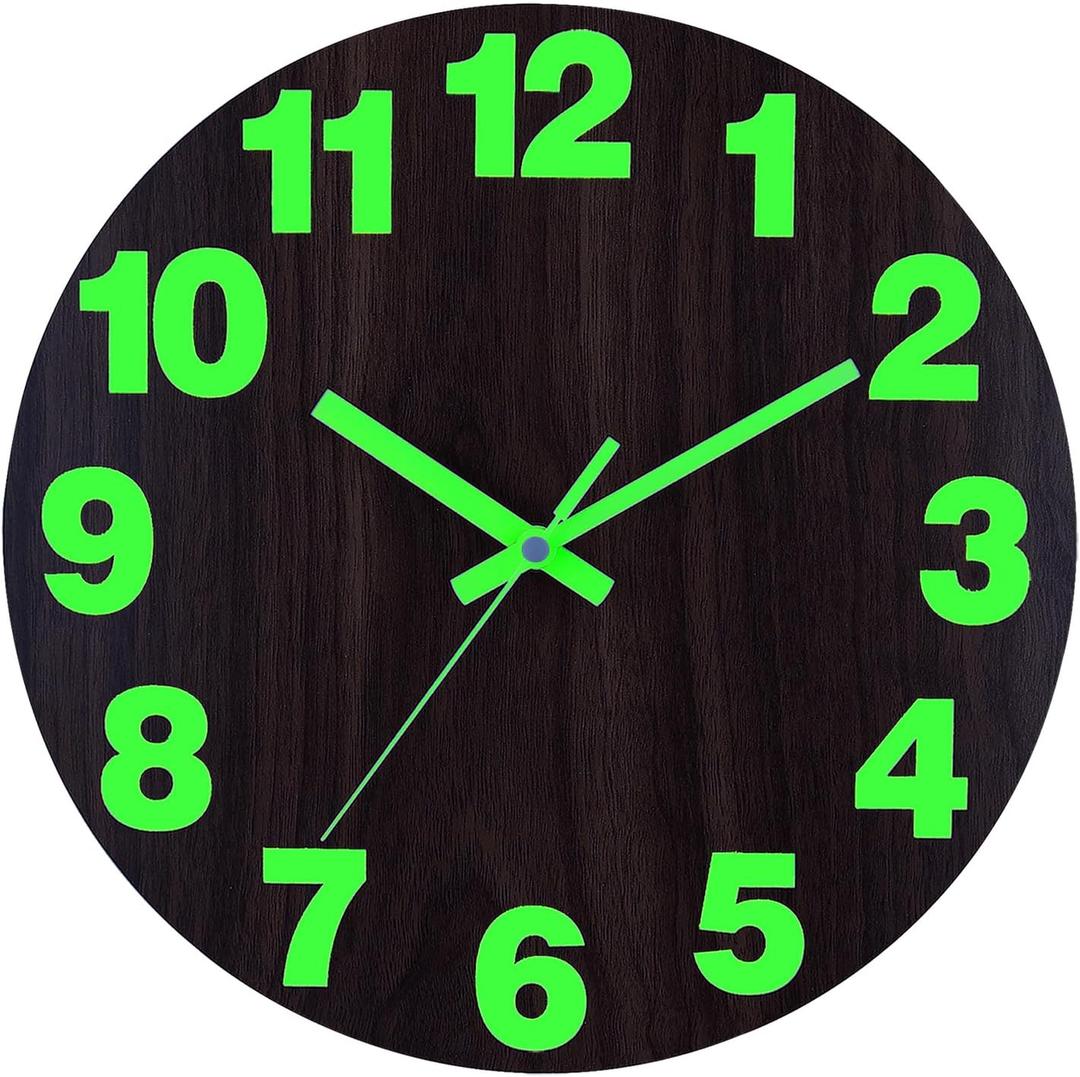 Plumeet Night Light Wall Clock, 16 Inch Wooden Glow in the Dark Clock for Bedroom, Extra Large Silent Lighted up Wall Clock Luminous Numerals and Hands, Battery Operated for Living Room/Kitchen, Brown