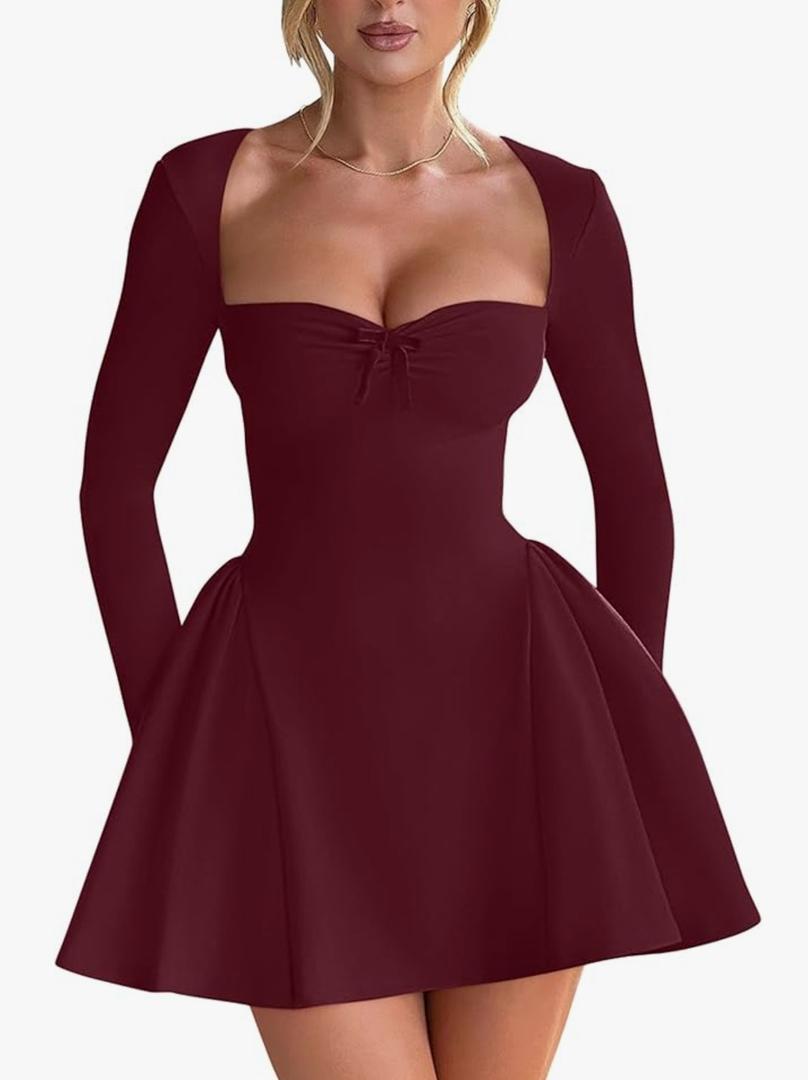 YMDUCH Women's Sexy Long Sleeve Sweetheart Neck A-line Ruffle Hem Party Club Mini Dress Large, Burgundy Red 