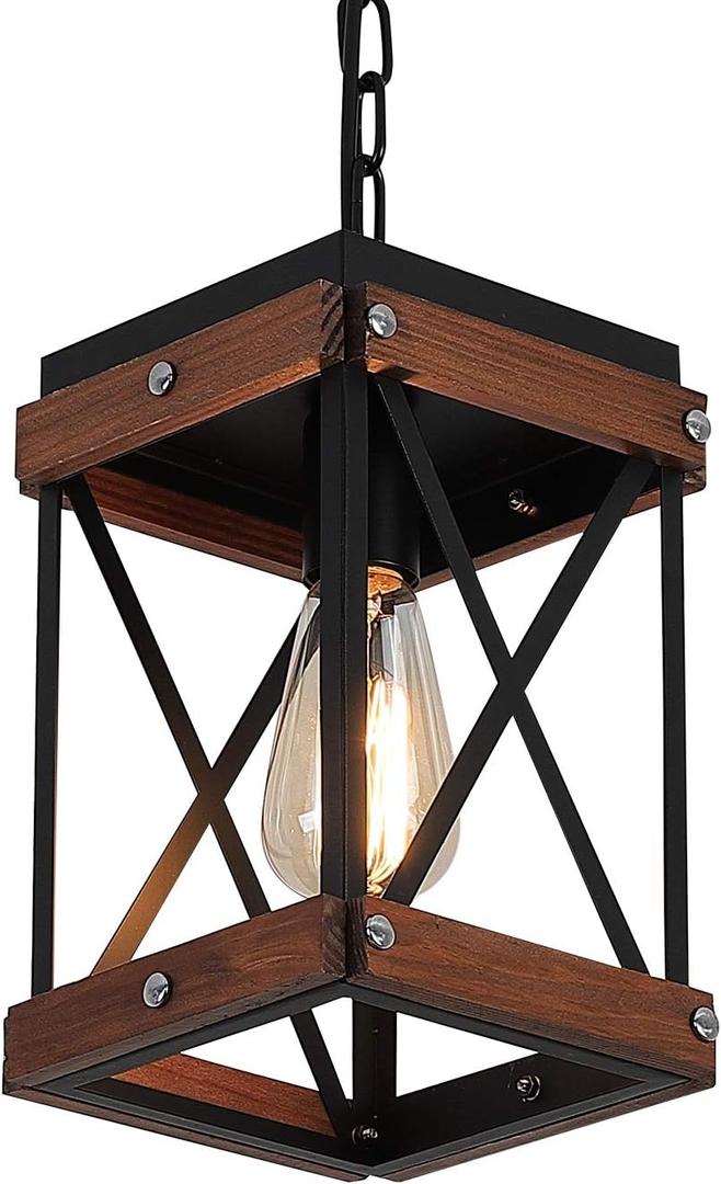 Fivess Lighting Rustic Farmhouse Pendant Light with Wood and Metal Cage, One-Light Adjustable Chains Industrial Mini Pendant Lighting Fixture for Kitchen Island Cafe Bar, Black (Brown and Black)