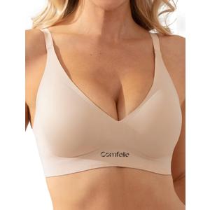COMFELIE Seamless Wireless T-Shirt Bra for Women Full Coverage No Underwire Light Lift with Adjustable Straps Everyday Bra (Large, Beige)