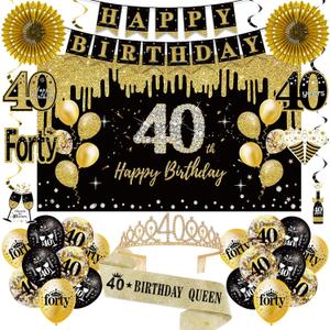 40th Birthday Decorations for Women, 33pcs 40th Crown and Sash, Black Gold Happy 40th Birthday Banner Balloons Backdrop Hanging Swirls Paper Fans, 40 Years Old Bady Decorations Kit