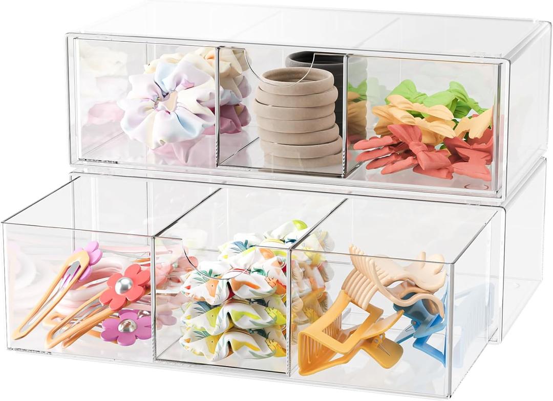 Hair Accessories Organizer for Girls, Clear Hair Bow Tie Clip Scrunchie Holder Organizer with Removable Divider, Cute Small Stackable Storage Drawer Container Caddy Box, Women Vanity Accessories, 2Pcs
