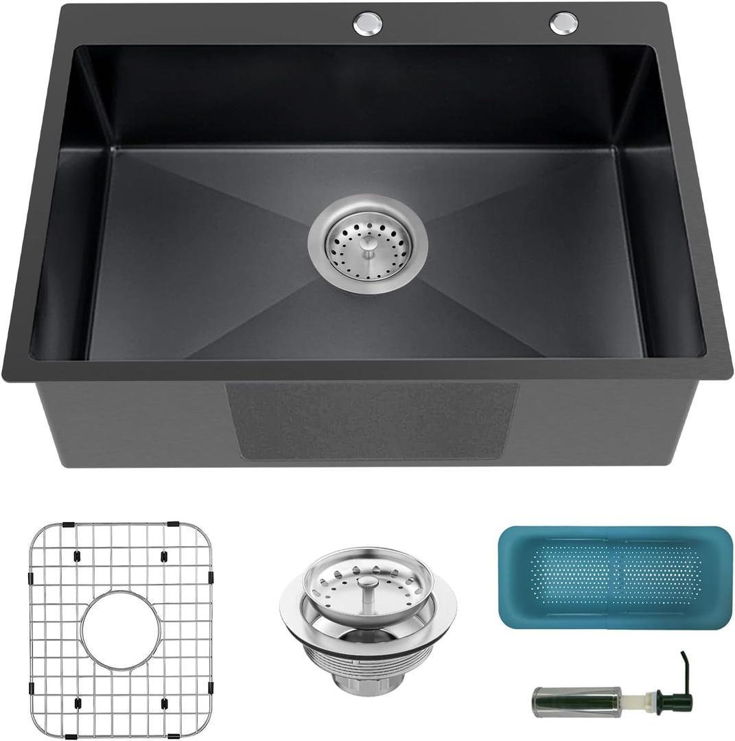 Black Kitchen Sink, Drop In Stainless Steel 30x22x8 Inch Topmount Single Bowl Bar Sink With Accessories-Stainless Grid,Strainer Basket,Soap Dispenser,Drain Assembly Set For Modern&Classic Kitchen