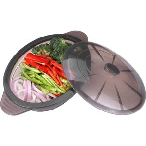 Microwave Steamer Cooker Collapsible Bowl-Silicone Steamer Cookware with Handle Lid for Vegetables Fish Prep Meal Food with Removable Rack BPA Free, Easy to Store, Freezer & Dishwasher Safe, Large (Black)