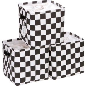 Hinwo 3-Pack Cubic Organizer Shelf Bins, Canvas Fabric Storage Baskets with Handles, 22L/5.8-Gal Square Storage Bins, Cubes, Collapsible Storage Box, 11 x 11 x 11 Inches (S, Black Checkerboard)