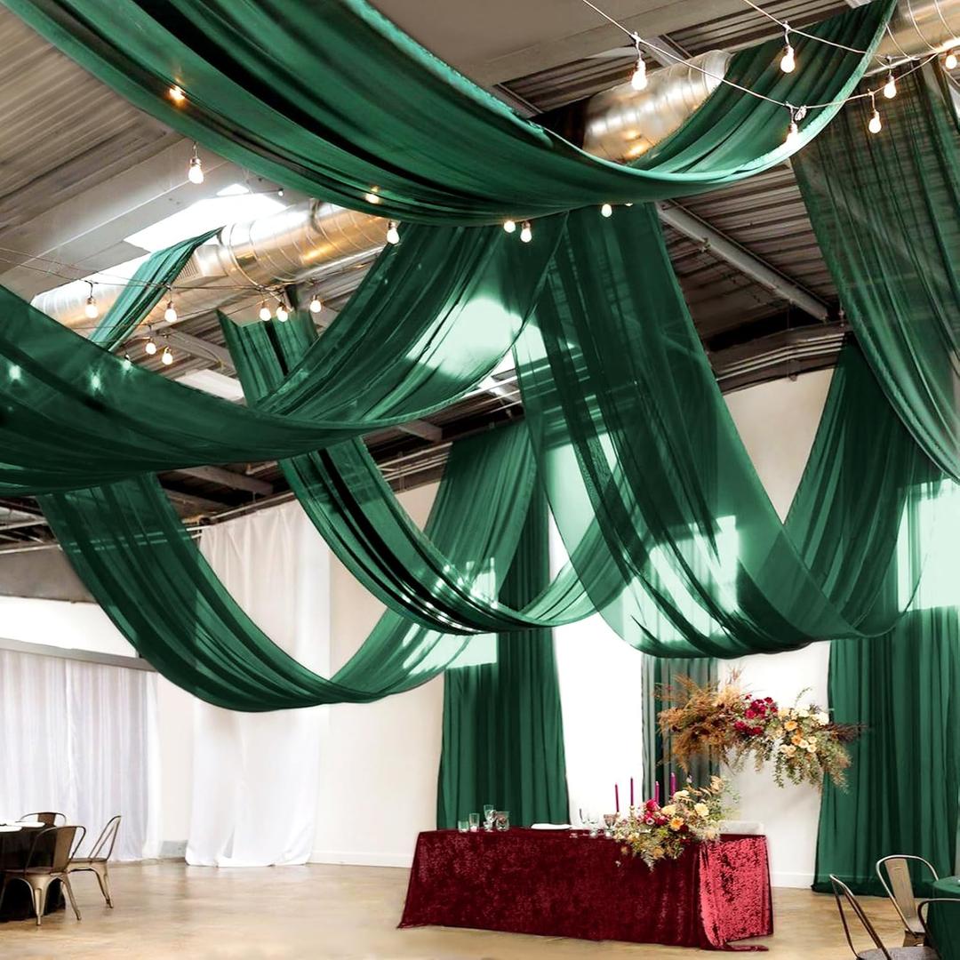 6 Panels Emerald Green Ceiling Drapes for Wedding Ceiling Drapes 5ftx30ft Wedding Arch Draping Fabric Sheer Curtains Voile Chiffon Drapery Draping Wedding Ceiling Decorations for Party Ceremony Stage