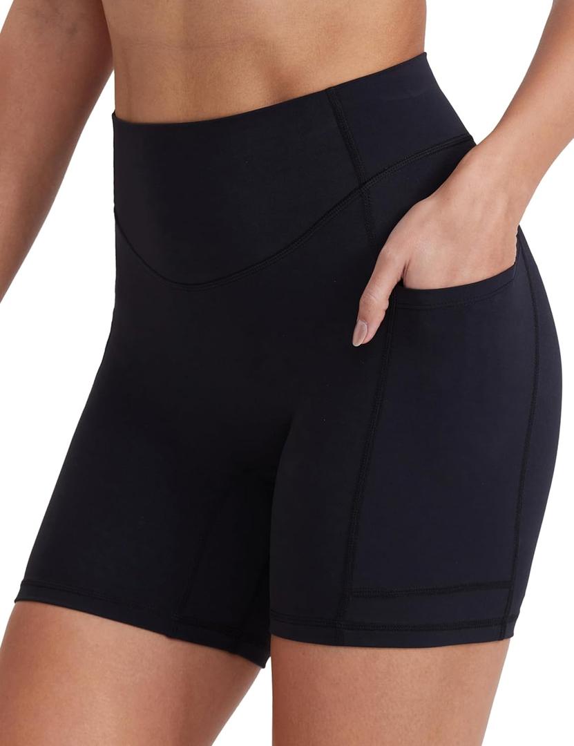 Biker Shorts for Women with Pockets, 5" Spandex Workout Shorts, Lightweight for Summer Cycling Running Yoga Gym (Medium, Black)