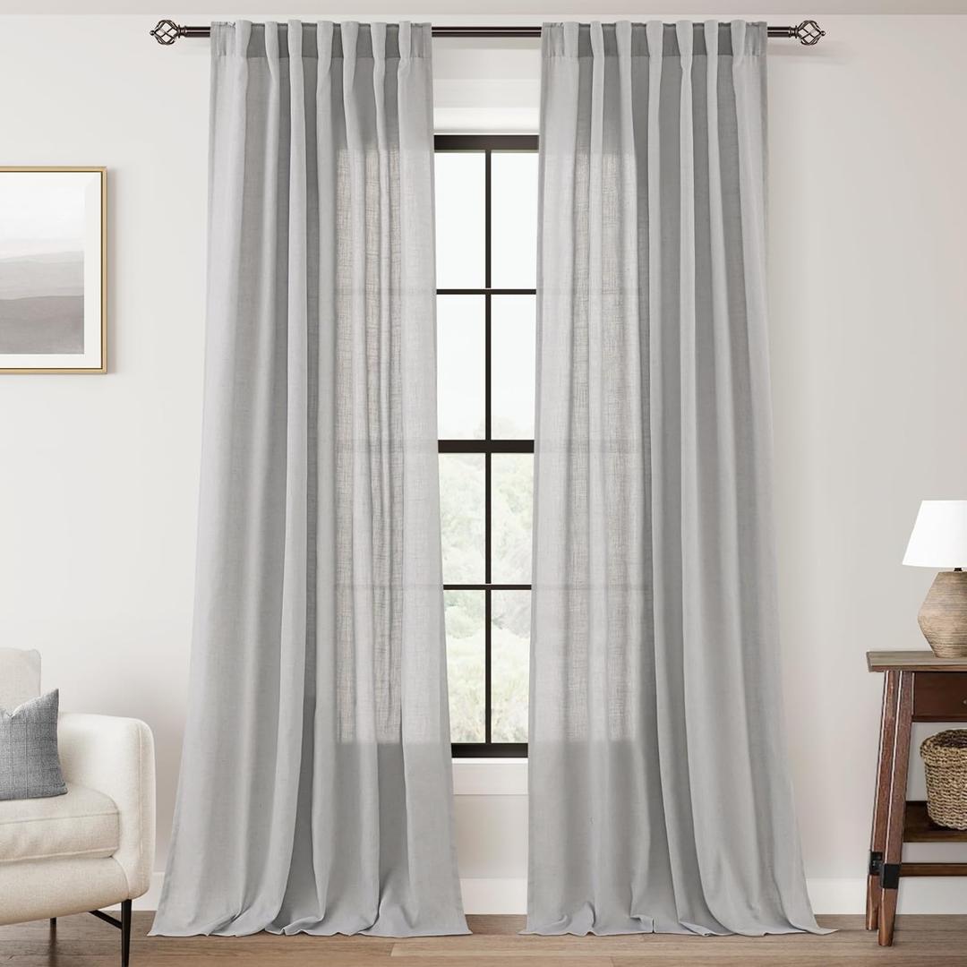 Linen Blend Grey Curtains for Living Room Back Tab Modern Farmhouse Semi Sheer Light Gray Curtains 84 inches Long 2 Panels Set Muted Neutral Cotton Texture Window Curtain for Dining Room Bedroom
