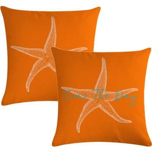7COLORROOM Set of 2 Seas The Day Throw Pillow Cover Beach Starfish On Orange Background Cushion Cover Coastal Sea Theme Home Decorative Pillowcases 18" x 18" for Sofa Couch Porch(18" x 18", Orange)