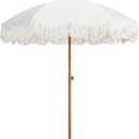 AMMSUN Boho Fringe Umbrella Outdoor Patio, 6.5ft UPF50+ Picnic Umbrella with Tassels with Steel Pole and Push Button Tilt, Antique White