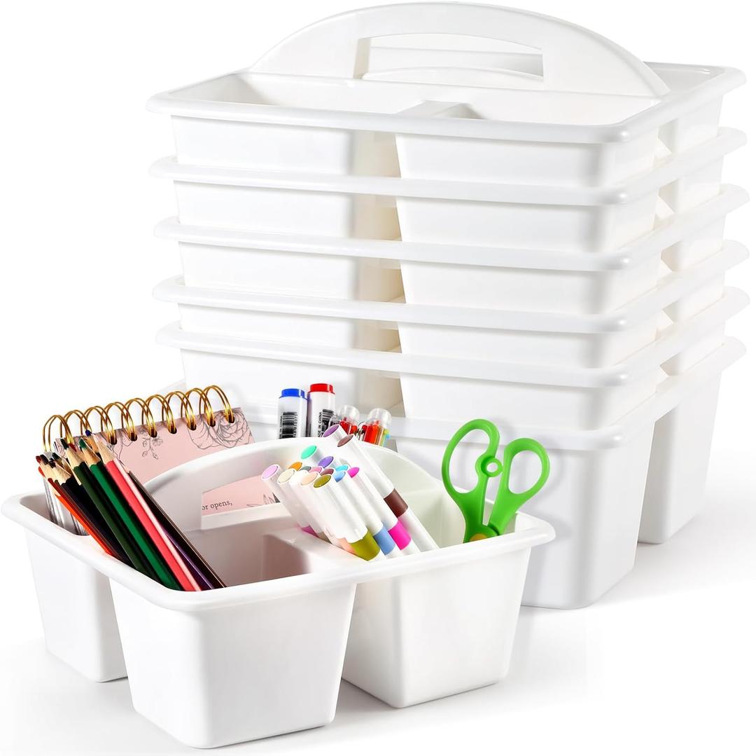 6 Pack Classroom Caddy with Handle Plastic Storage Caddy Organizer with 3 Compartments Desk Caddies Holder Portable Storage Bin for Pencil, Crayon, Marker, Home, Office, School Supplies(White)