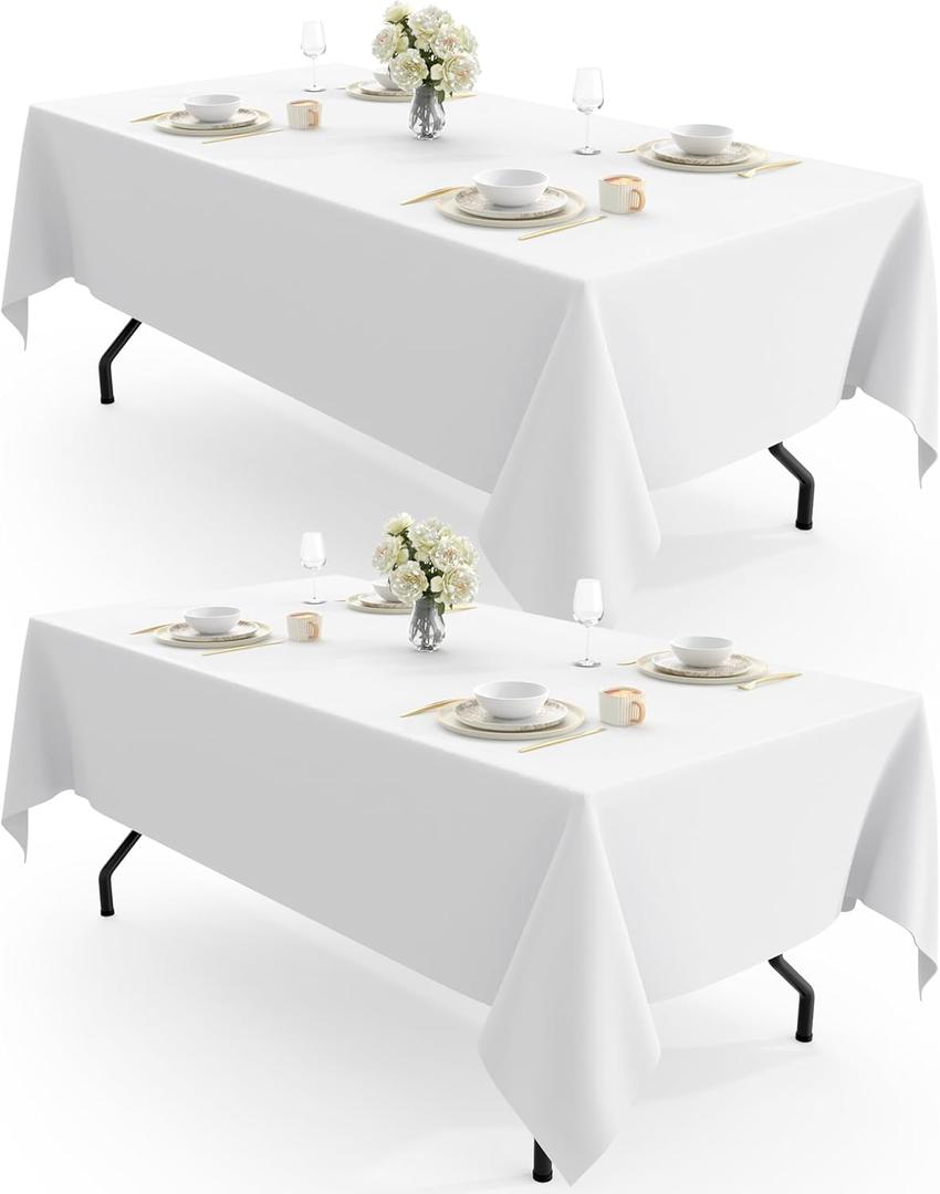 Pureegg Durable Table Cloth 60" x 102" - Reusable Polyester White Tablecloths for Rectangle Tables, Washable Fabric Table Cover for Holiday Party, Dinner, Wedding & Baby Shower, 2 Packs