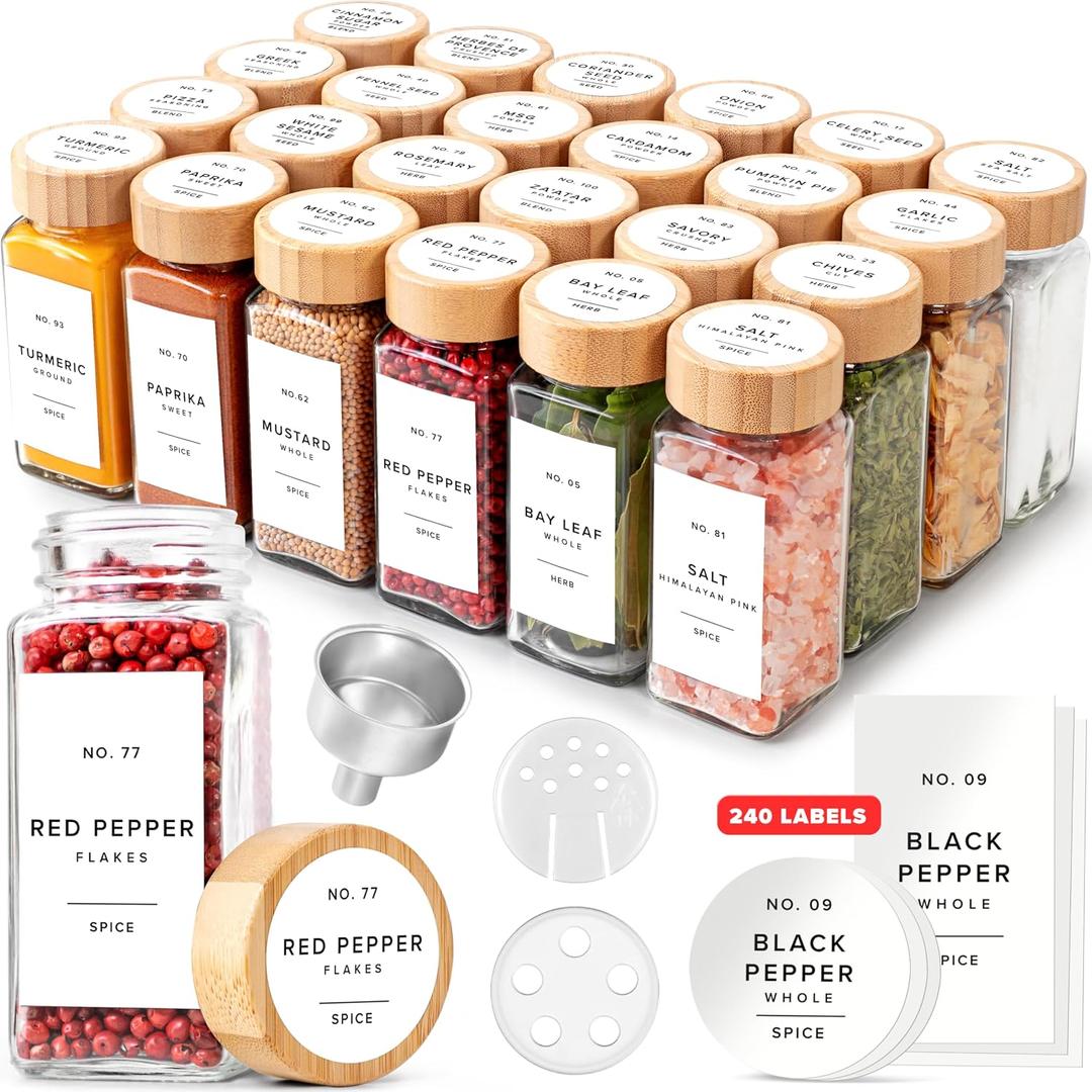 EDELHAUS Square Spice Jars with Bamboo Wooden Lid (Pack of 24) Spice Jars with Shaker Insert and 240 Labels - Bamboo Lid Glass Container for Spice Organisation [4.3 in 1.8 in]