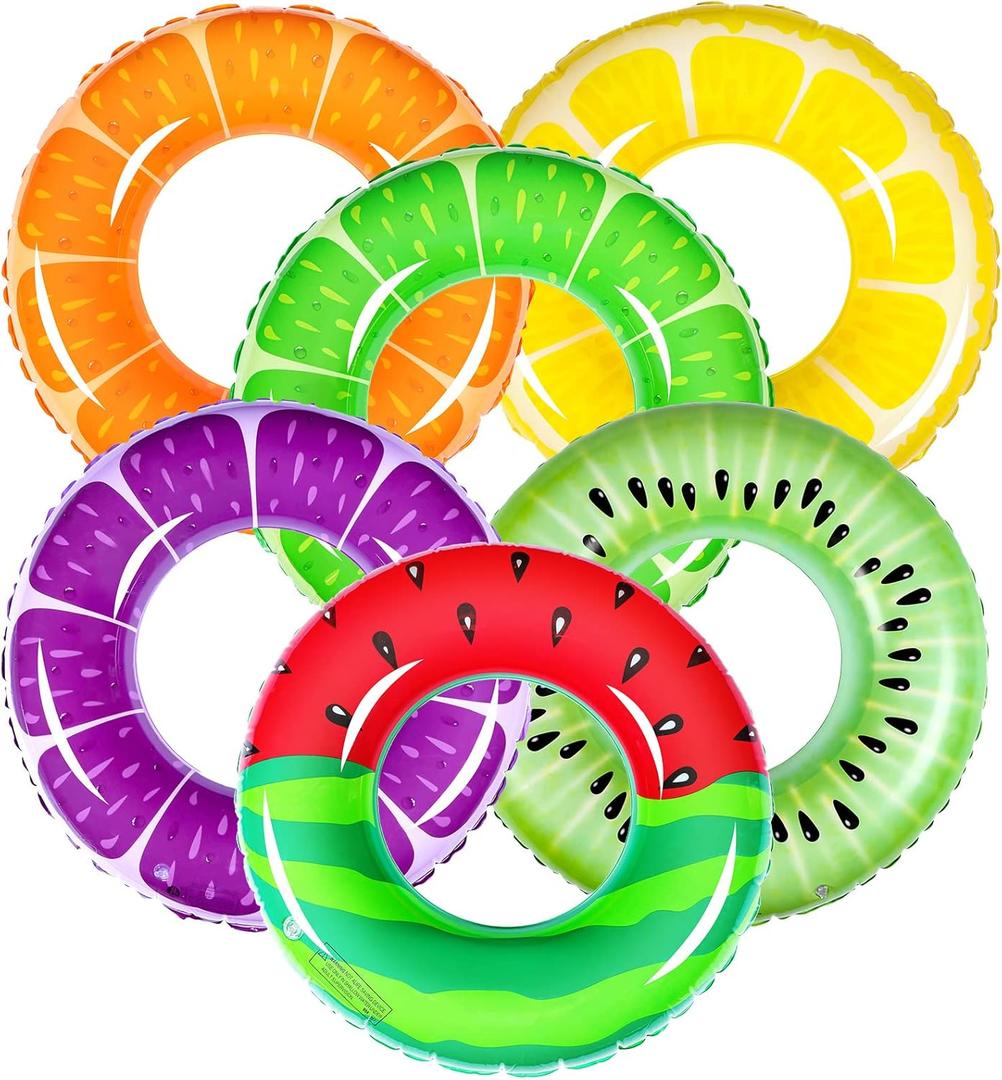 6 Pcs Fruit Inflatable Pool Floats Swimming Rings Watermelon Orange Grape Lemon Kiwi Pool Toys Swim Tubes Rings Inflatable Tubes Bulk for Adults Beach Outdoor Party Supplies Water Fun Toys