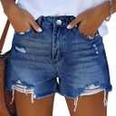 MINGALONDON Women's Denim Shorts Summer Mid Waist Ripped Raw Cut Hem Distressed Stretchy Jean Shorts (X-Large, B-navy)
