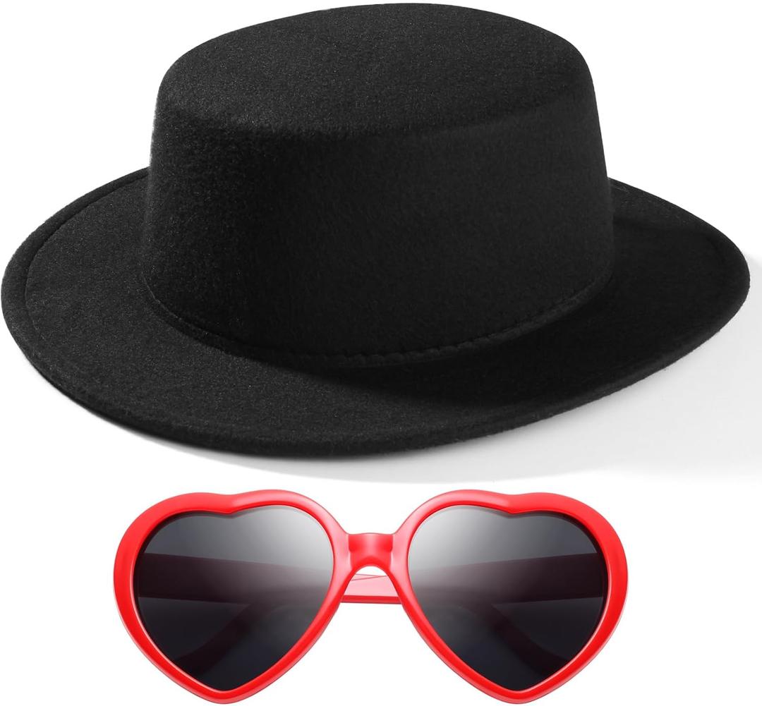 Fashion Classic Black Fedora Hats + Red Heart Sunglasses Costume Outfit - Flat Wide Brim Church Cap Jazz Hats, for Women and Men