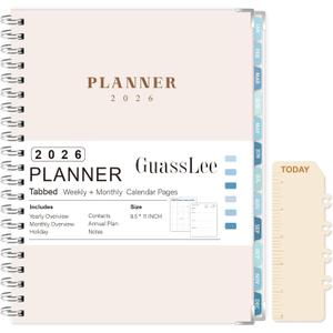 GuassLee Large 2026 Planner, Weekly and Monthly Planner from January 2026-December 2026, 8.5"x 11" Calendar Agenda Book with Back Pocket, Stickers for Home Office School Supplies, A4 Size, Khaki