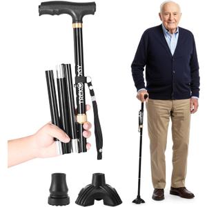 Trekology Foldable Walking Cane for Seniors - Folding Walking Stick for Men and Women with Quad Self-Standing Base for Stability & Balance - Adjustable, Lightweight with Locking Design - Travel Ready