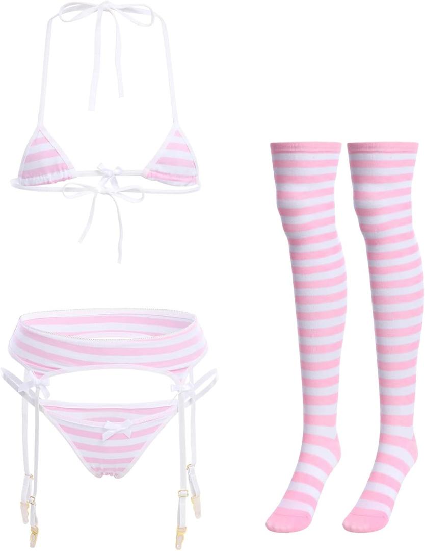 ABAFIP Women Cute Kawaii Anime Lingerie set Halter Strap Micro Bra Tiny Panty Garter Belt Striped Stockings 4Pcs Underwear Pink, One Size