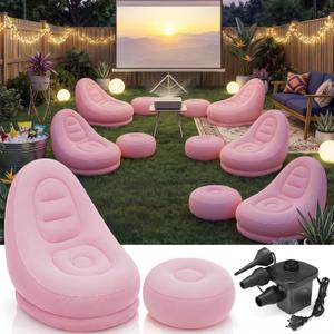 JolliLudo 6 Sets Inflatable Bean Bag Chairs Set with Ottoman Electric Pump Folding Blow up Lazy Sofa Loungers Chair with Footstool Couch for Movie Night Film Marathon Gaming Camping (Pink)