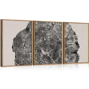 CHDITB Framed Wood Tree Rings Wall Art Set, 16x24in Black and White Canvas Art Wall Decor, Abstract Nature Wall Pictures Prints, Modern Paintings Wall Art for Living Room, Bedroom, Farmhouse(3Pcs)