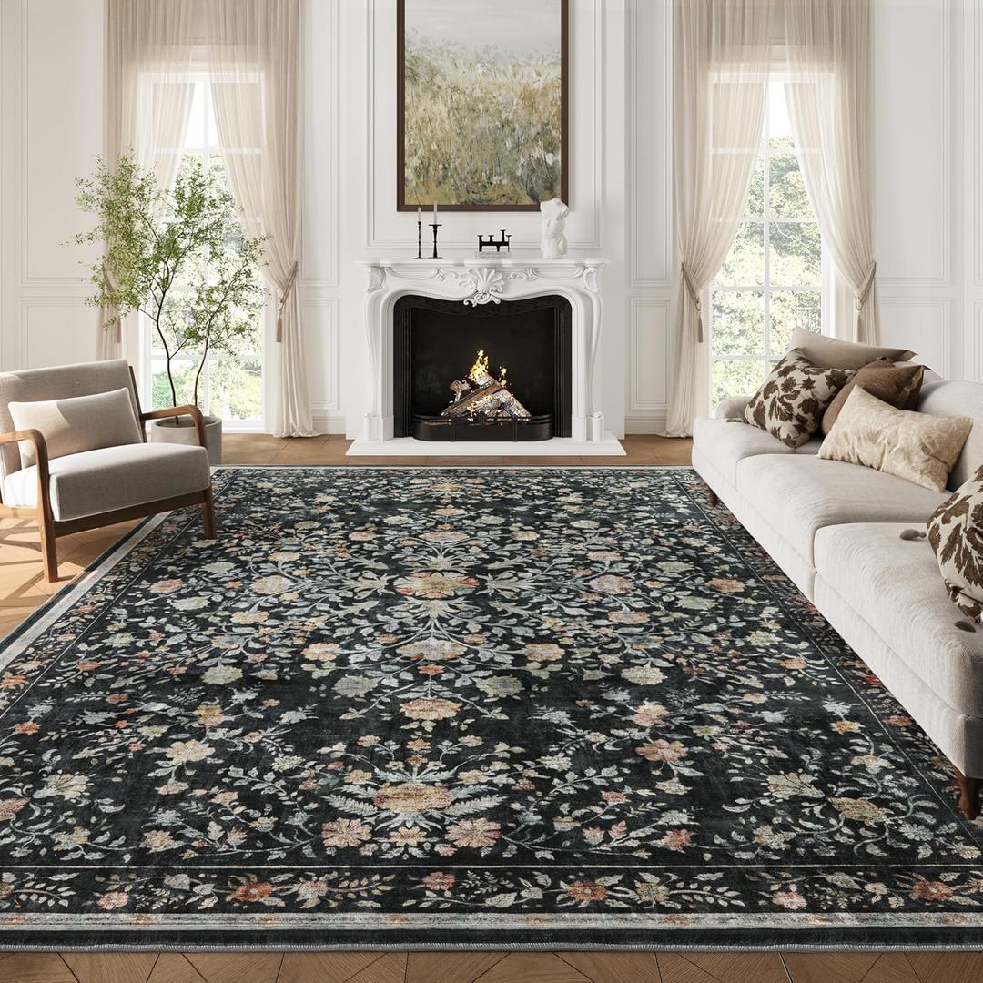 Area Rugs 8x10, Washable Floral Rug Non Slip Large Living Room Rug Vintage Distressed Soft Carpet for Bedroom, Dinning Room, Home Office (Black)