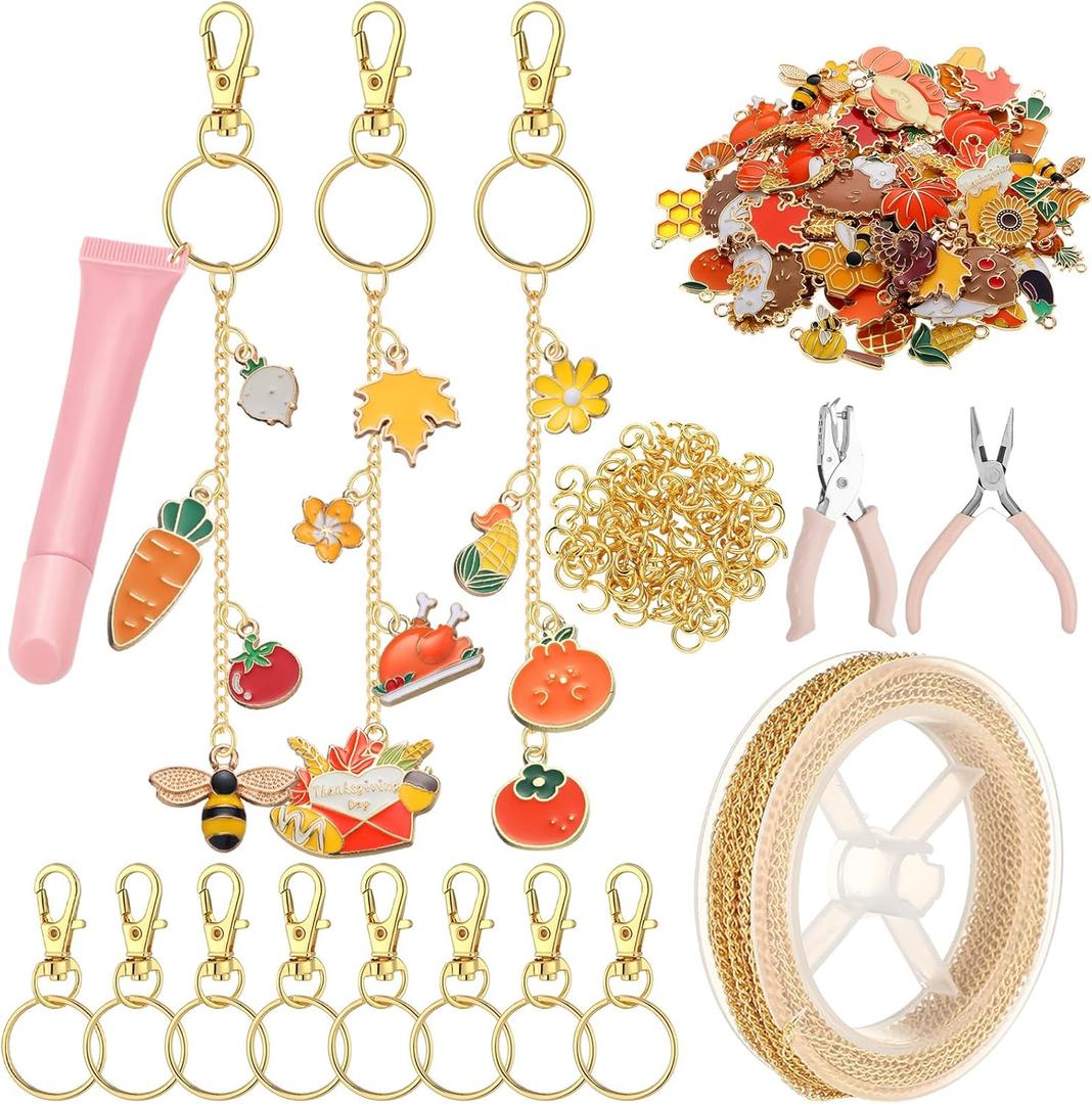 VioraWhite 213 Pcs Fall Theme Lip Gloss Keychain Making Kit 100 Pink Enamel Charms 32.81 ft Gold Chains for DIY Crafts Women