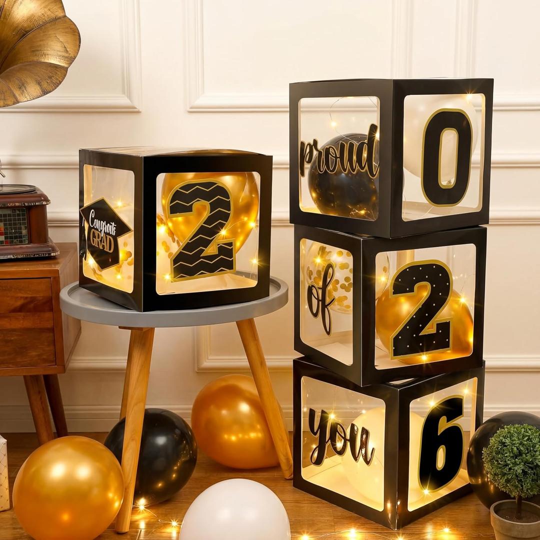 Jerify 44 PCS Graduation 2026 Box Decorations with Balloon & LED Light Strings - Congrats Grad Proud of You Balloon Boxes Party Supplies for Class of 2026 School College Decor(Black and Gold)