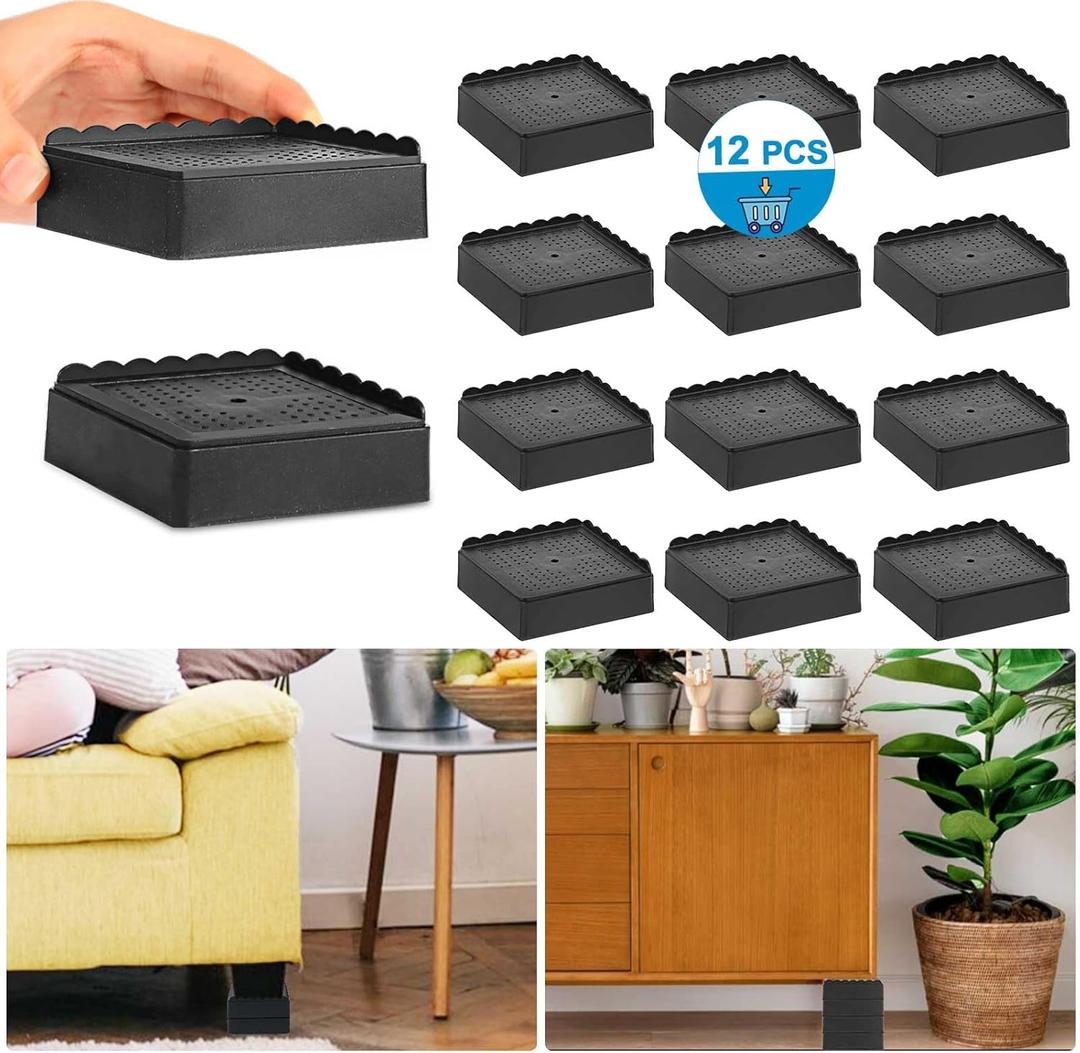 Bed Risers 1 inch, 2 inch, 3 inch, 4 inch Heavy Duty, Adjustable Furniture Riser for Table Desk Couch Sofa Chair Recliner Leg Frame Dorm, Stackable Bed Raisers Blocks (Black 12 Pack, 1+1+1 inch)