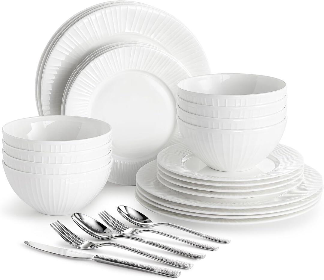 KINGSTONE 24-Piece Bone China Dinnerware Set with 40-Piece flatware, White Lightweight Porcelain Service for 8, for Family Dining, Restaurants, Gifting，Microwave and Dishwasher Safe