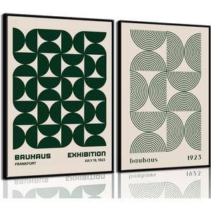 2Pcs Bauhaus Mid Century Modern Wall Art Retro Exhibition Posters Prints Green Boho Geometric Abstract Minimalist Wall Decor Pictures for Bedroom iving Room Dining Room UNFRAMED (Green, 12x16in)