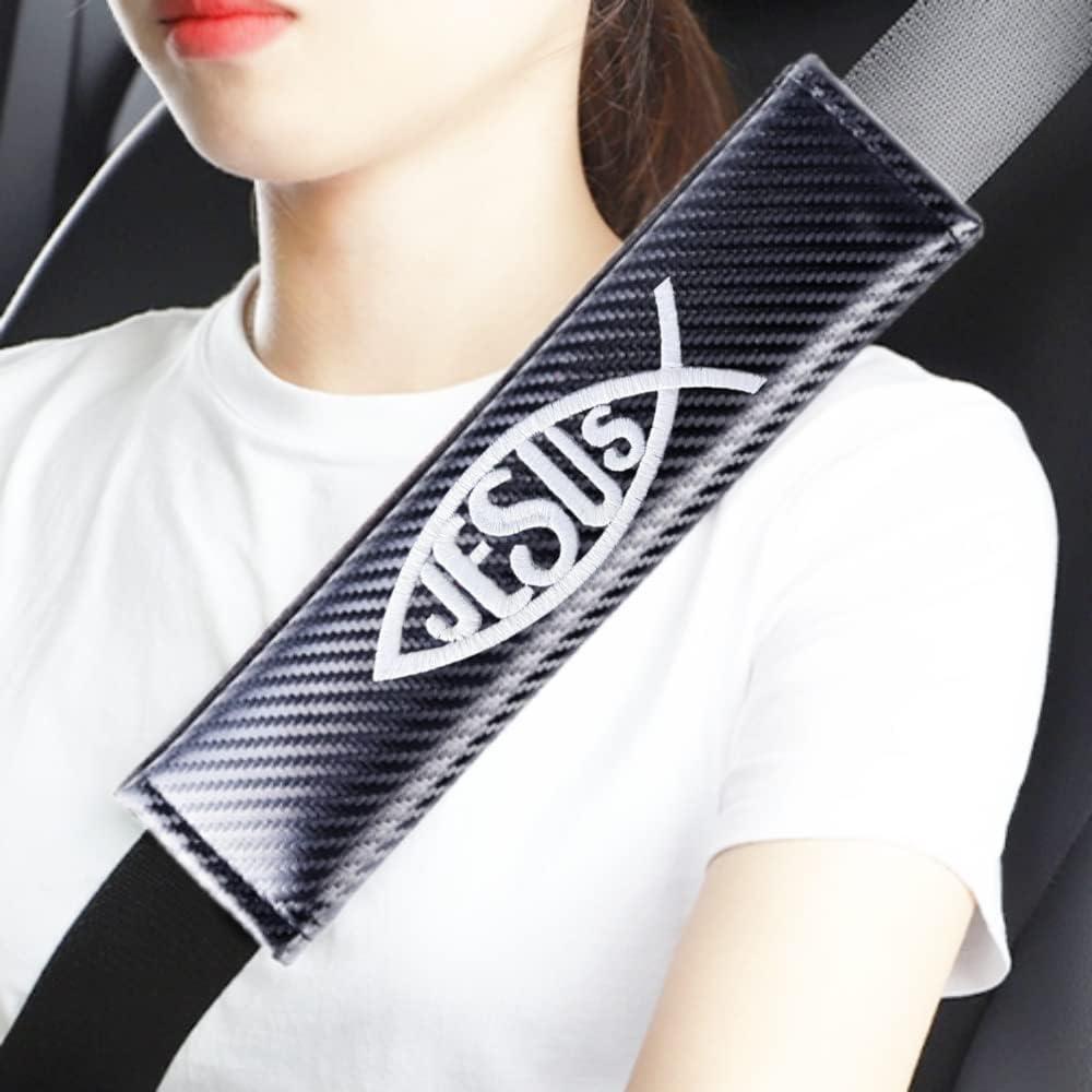 HUIANTS 2Pcs Carbon Fiber Leather Seat Belt Cushions Shoulder Pad Soft, Embroidered Jesus Fish Logo Car Seat Belt Pads Safety Belt Cover Pad More Comfortable Driving