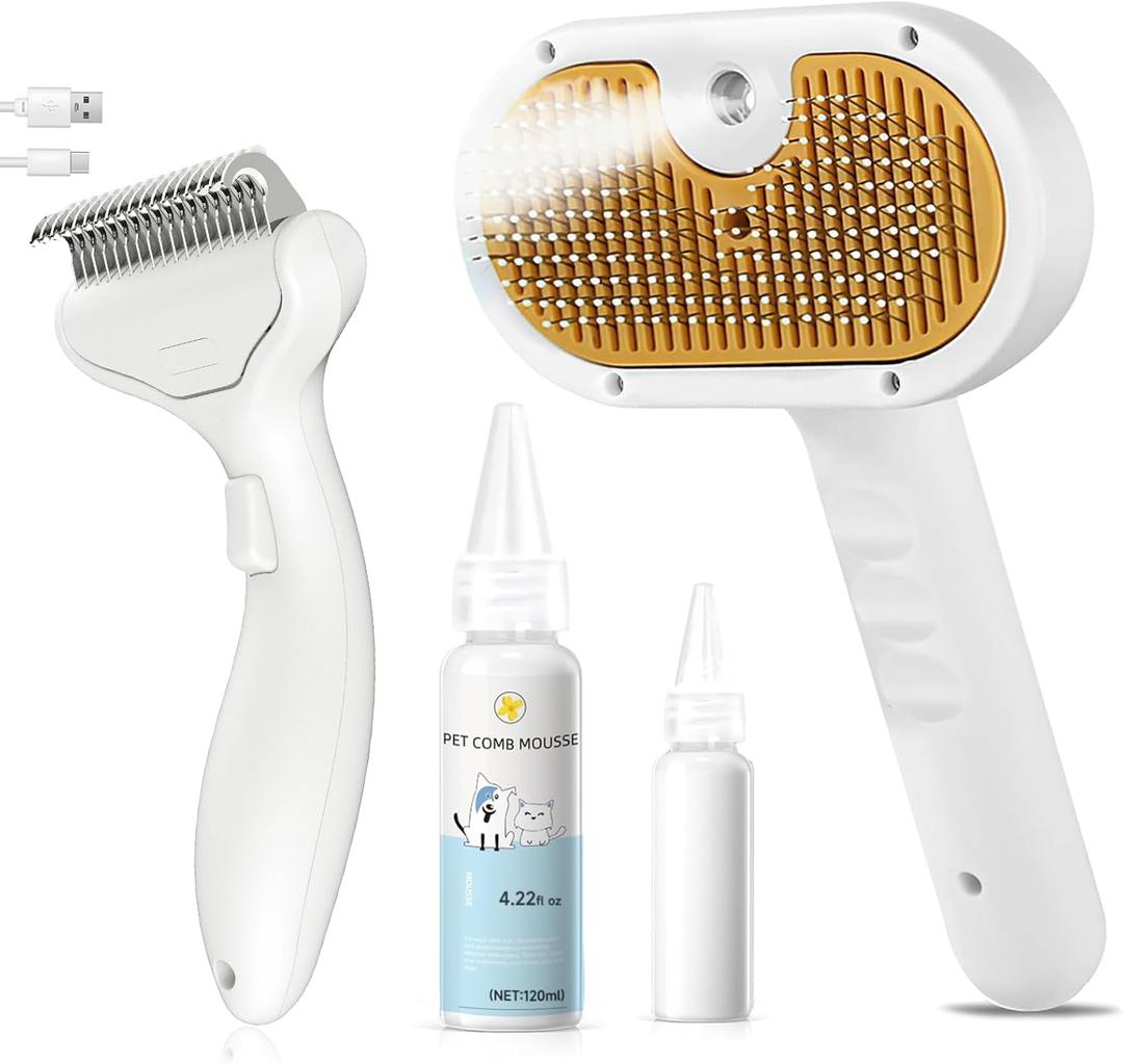 3-in-1 Pet Steam Brush Set for Dogs & Cats, Grooming Comb with Spray, Defur Tool, Water-Assisted Hair Removal, Spritz Brush, Multi-Purpose Kit, Undercoat Rake, Deshedding Brushes, Dematting Brush. (7.8"-Comb+Shampoo)