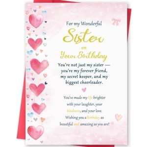 4 x Sister Birthday Card, 5x7 inches