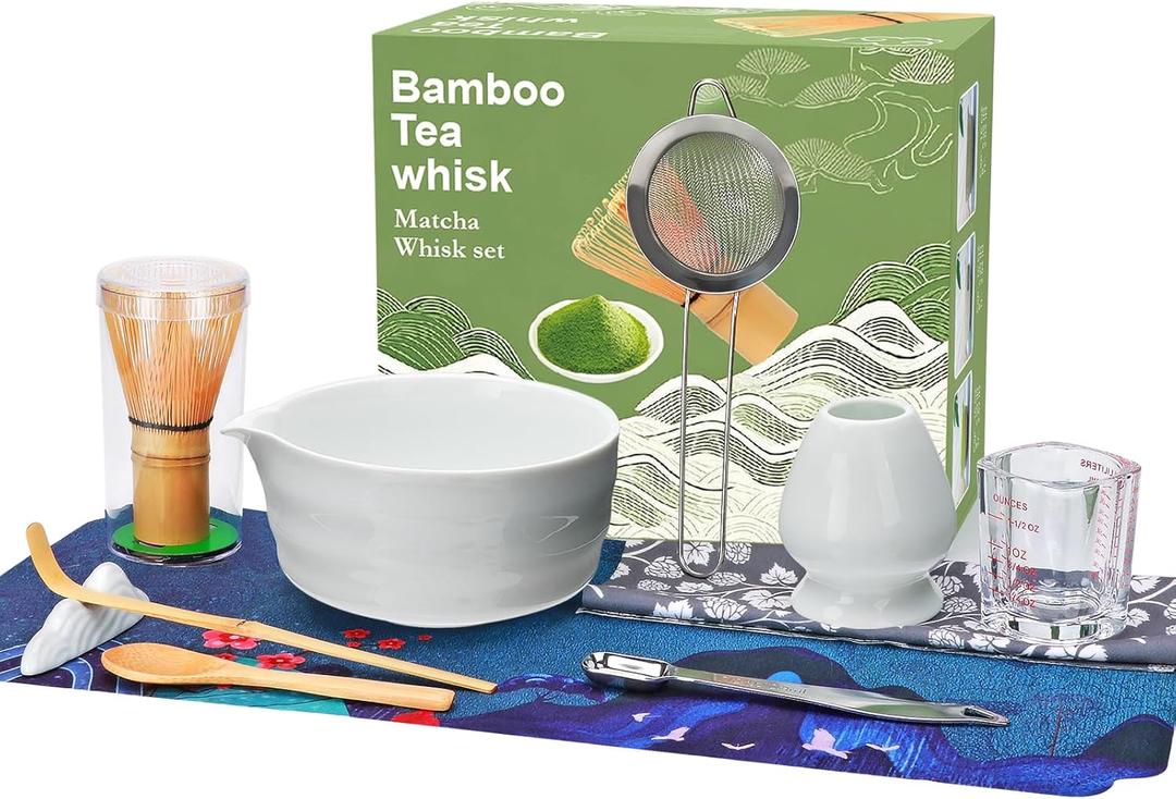 Matcha Whisk Set, 11-Piece Matcha Kit, 100% Natural Bamboo Whisk, Includes Stainless Steel Spoon And Measuring Cup, White