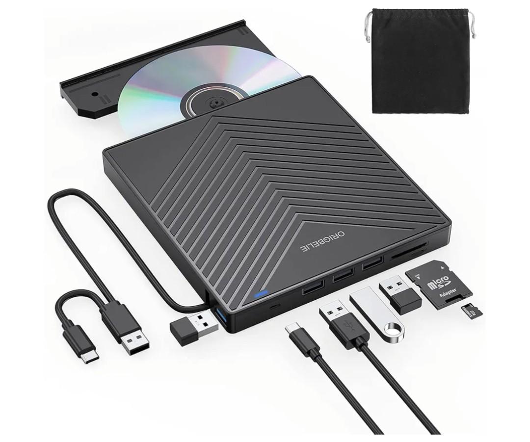 External CD DVD Drive, Ultra Slim CD Burner USB 3.0 with 4 USB Ports and 2 TF/SD Card Slots, Optical Disk Drive for Laptop Mac, PC Windows 11/10/8/7 Linux OS