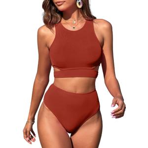 ZAFUL Women's Swimsuit High Waisted Bikini Sets Two Piece Swimsuit Scoop Neck Tank Side Cutout Midkini Stitching (Medium, Orange)