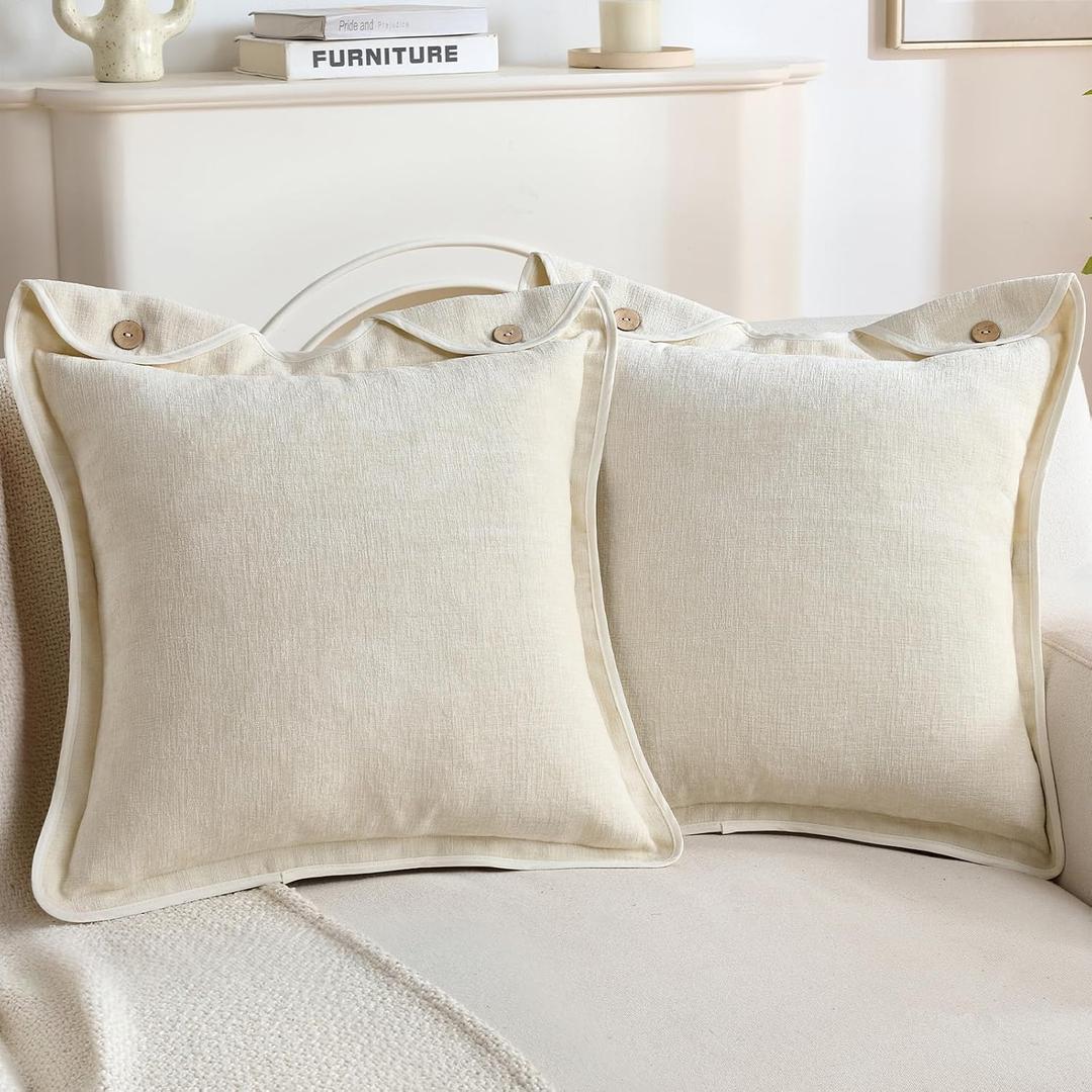FUTEI Pack of 2 Chenille Buttons Throw Pillow Covers 18x18 Inch Soft Piped Edges Decorative Cushion Case Neutral Farmhouse Accent for Couch Living Room, Beige