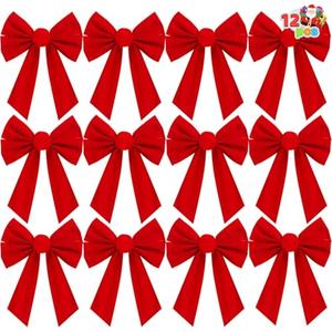 JOYIN 12 Pack Christmas Red Velvet Bows, 13" Long by 9" Wide Decorative Christmas Bows for Wreath Garland Tree Decor, Indoor Outdoor Holiday Decoration