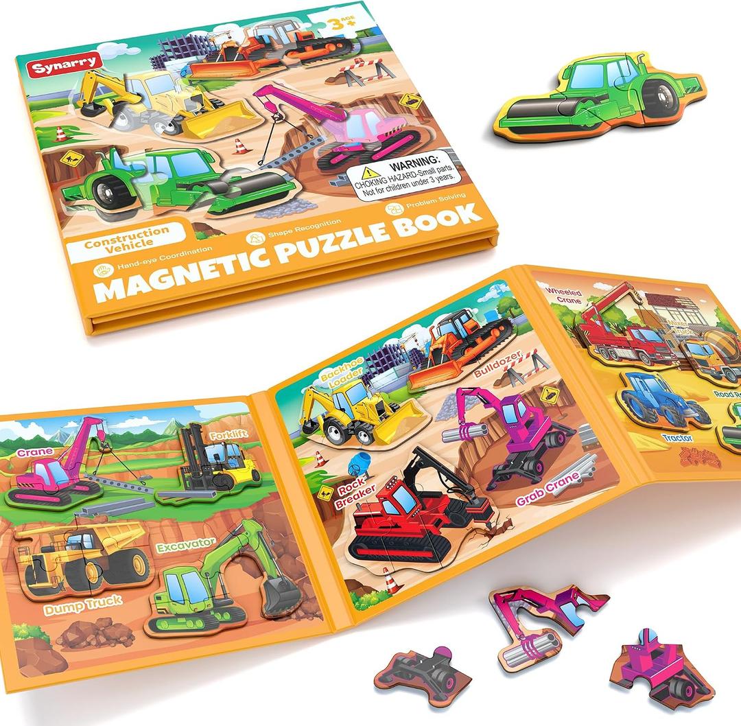 SYNARRY Magnetic Puzzles for Toddlers 3-5, Toddler Travel Toys Construction Toys Excavator Puzzles for Toddlers 2-4, Vehicle Puzzles for Kids Ages 4-6, Car Airplane Road Trip Activities Easter Gifts