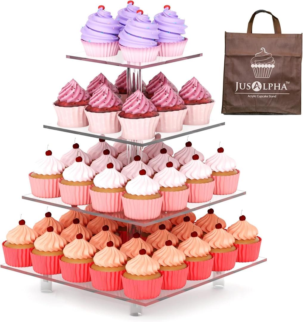Jusalpha Large 4 Tier Cupcake Stand Square Acrylic Cupcake Tower Stand for Dessert, Pastry, Serving Platter-Candy Bar Party Dcor and Supply(with Rod Feet) (4SF-V2)